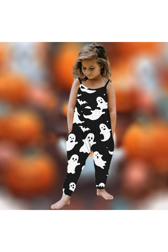 Toddler Baby Girls Halloween Outfit Sleeveless Jumpsuit Pumpkin Ghost Harem Pants Suspender Romper Overalls Fall Clothes with Pockets