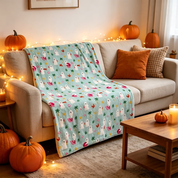 Halloween Savings Summer Ween Oversize Soft Lint Throw Blankets Summer Patio Pool Halloween Throws Light Green Ghost Shells Patterns Comfortable Blanket Halloween Decorations indoor Outdoor