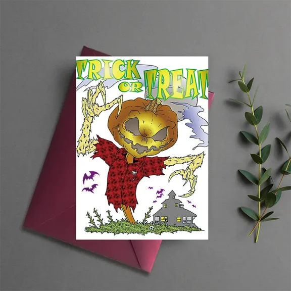Halloween Scarecrow Greeting Card - "Trick or Treat" Design - Fun, Colorful Card for Spooky Season Celebrations - Includes Envelope