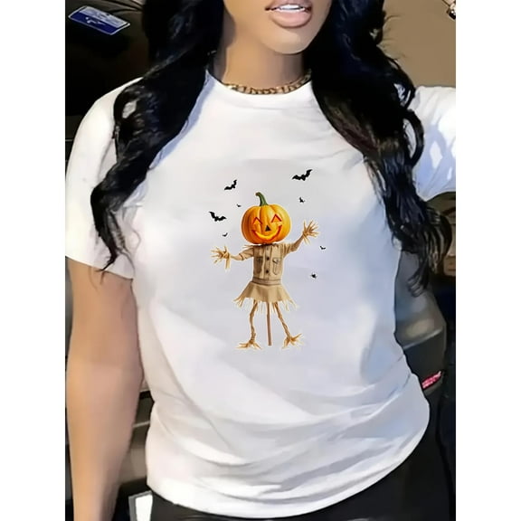 Halloween Scarecrow Jack O Lantern Graphic Tee Top Short Sleeve Round Neck Comfort Cotton T-Shirt White S-5XL