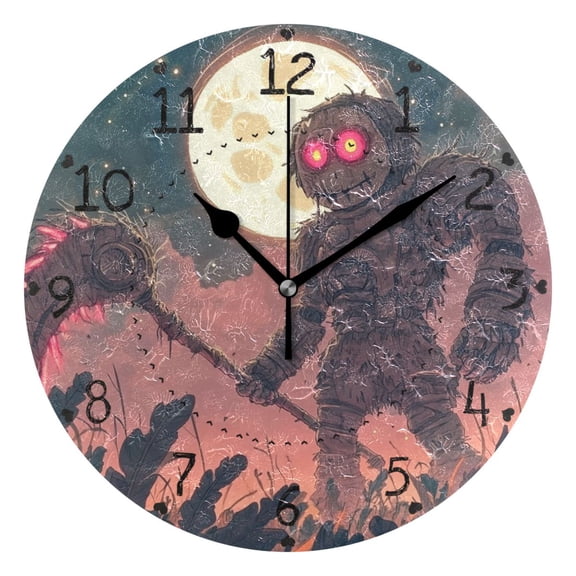 Halloween Scarecrow and Moon Round Wall Clock Silent Battery Operated Home Decor for Living Room Bedroom