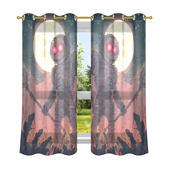 Halloween Scarecrow and Moon Semi Sheer Curtains for Living Room Bedroom Set of 2 Insulated Window Drapes