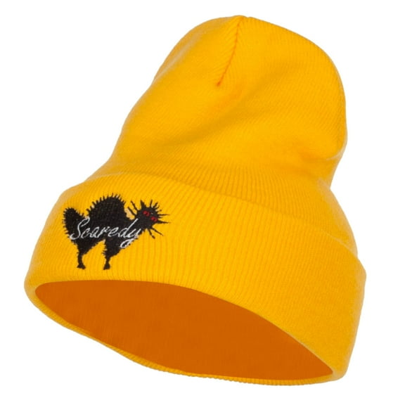 Halloween Scaredy Cat Embroidered Long Beanie - Yellow OSFM