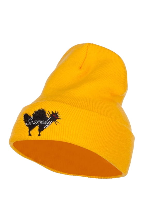 Halloween Scaredy Cat Embroidered Long Beanie - Yellow OSFM