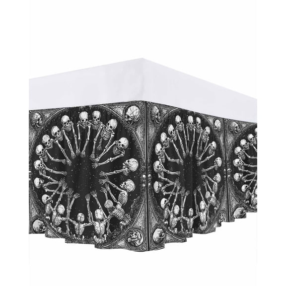 Halloween Scary Bed Skirt Skull Skeleton Silhouette Horror Retro Bed Skirts Queen Size 18 Inch Drop, Wrap Around Dust Ruffle Bedskirt with Adjustable Elastic Belt for Queen Size Beds