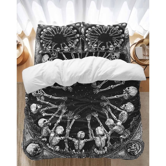 Halloween Scary Bedding Duvet Cover Set King Size 4 Pieces Skull Skeleton Silhouette Horror Retro Bedding Set with Zipper Closure, 1 Comforter Cover 92x106 Inches 1 Flat Sheet & 2 Pillow Cases