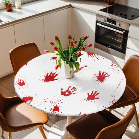 Halloween Scary Blood Hand Print Round Fitted Tablecloth with Elastic Edge,Waterproof Table Cloth Fits 36"-44" Table,Wipeable Washable Table Cover for Indoor Outdoor Dinning Party,Red and White