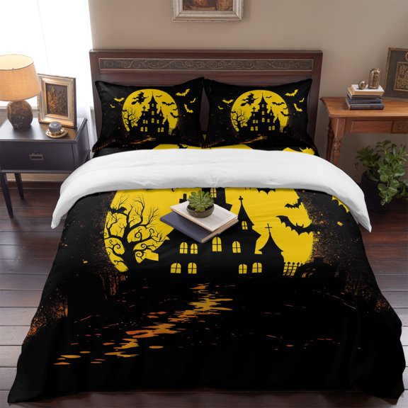 Halloween Scary Castle Bat Witch Queen Size Bed Set,Full Moon Yellow Black Bedding for All Seasons,4 Pcs Bed Set,1 Quiltcover (90"x90"),1 Sheet (90"x102"),2 Pillowcases (20"x30")