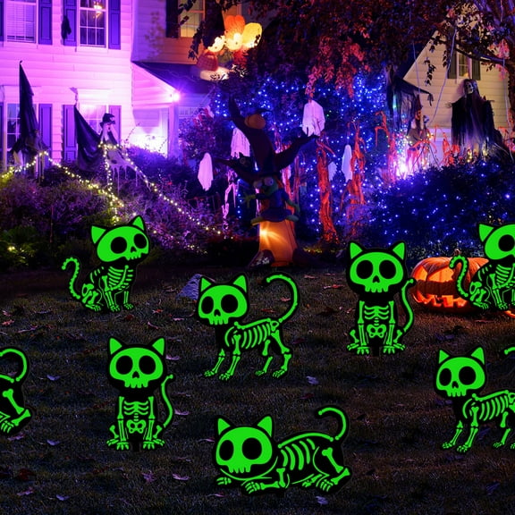 Halloween Scary Cats Skeleton Yard Sign,Halloween Glow in The Dark Black Cats Silhouette Lawn Signs with Stakes,4Pcs Luminous Black Cat Decoration for Garden Lawn Pathway