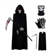 JKERTHER Halloween Scary Costume Grim Reaper Costume for Adults, Deluxe Hooded Cloak + Skull Neck Gaiter + Gloves + Scythe Set