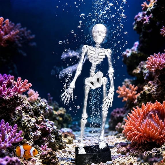 Halloween Scary Dancing Skeleton Fish Tank Bubbler Resin Decor, Air Powered Skeleton Skull Aquarium Ornament, Spooky Creepy Haunted Graveyard Accessory for Halloween Tank Decor