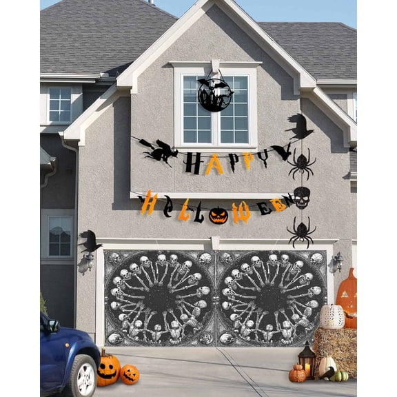 Halloween Scary Garage Door Banner Cover 7 x 16 ft Skeleton Skull Silhouette Horror Retro Garage Door Decoration Hanging Garage Door Cover Backdrop Wall Decoration for Outdoor Indoor Home Party