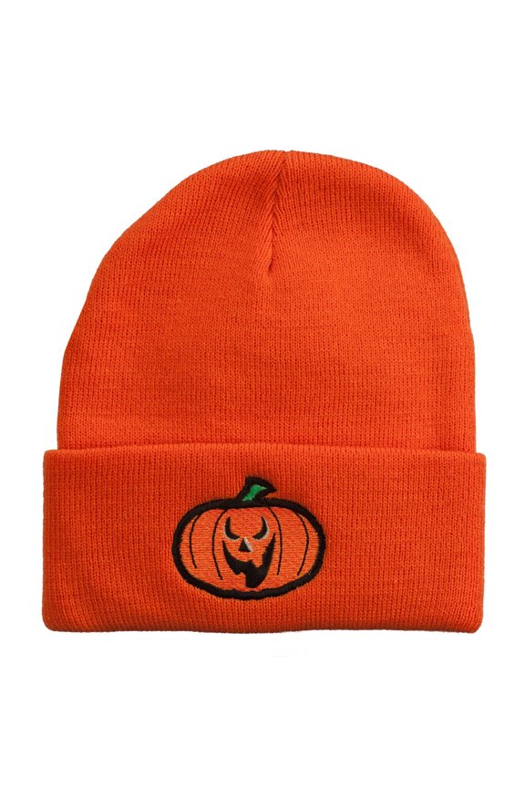 Halloween Scary Jack o Lantern Embroidered Long Beanie - Orange OSFM