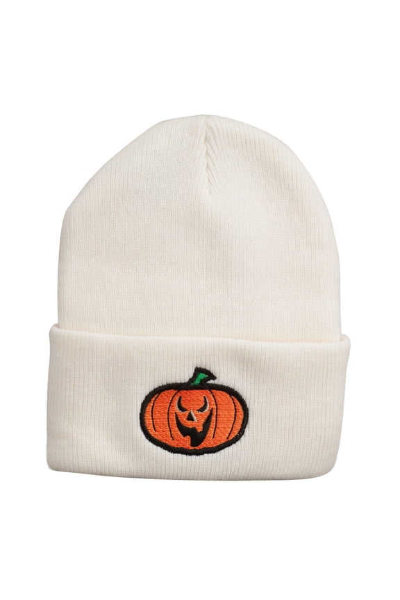 Halloween Scary Jack o Lantern Embroidered Long Beanie - White OSFM