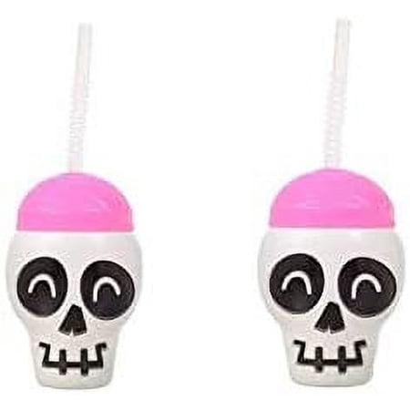 Halloween Scary Monster Skull Plastic Cup with Cover and Flexi Straw Spooky Fun Character Ghost 16 ounces Party Favors Drinking Cups (Set of 2)
