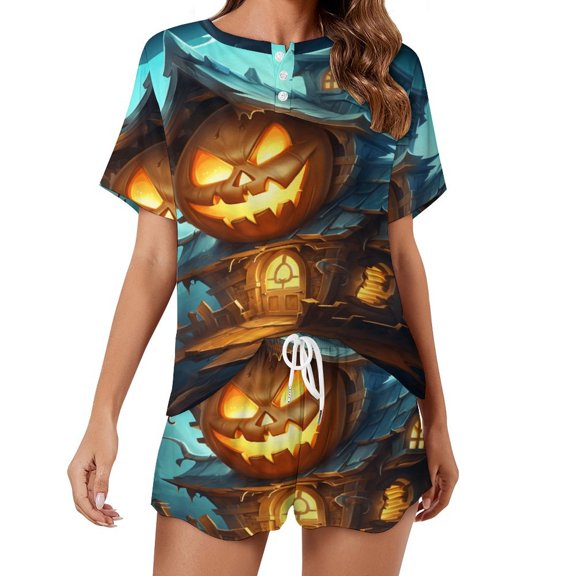 Halloween Scary Night Full Moon 2 Pack Women’s Pajama Set Print Sleepwear And Shorts Y2k Loungewear Sets S-5XL