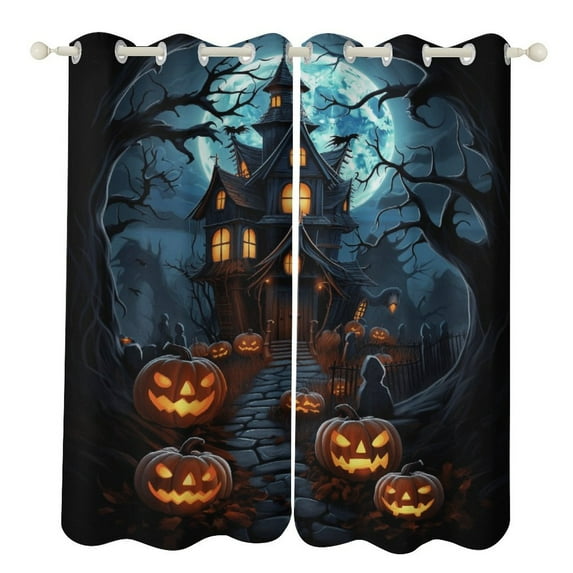 Halloween Scary Night Full Moon 2 Panel Curtain Set, Watercolor Painting Window Treatment Living Room Bedroom Decor