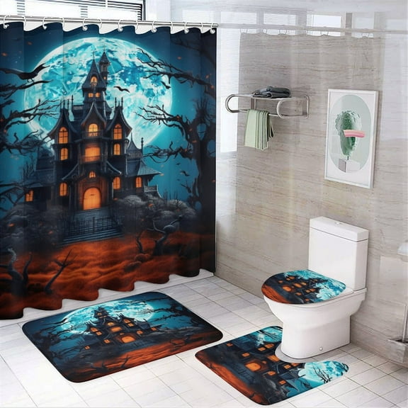 Halloween Scary Night Full Moon 4 Piece Shower Curtain Sets, Non-Slip Rugs, Toilet Lid Cover And Bath Mat, for Bathroom Decor Set, 72" X 72"