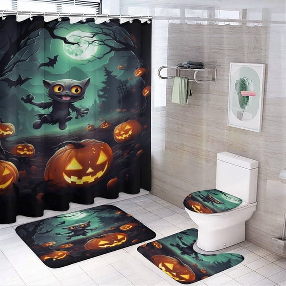 Halloween Scary Night Full Moon 4PCS Shower Curtain Sets with Rugs with Non-Slip Bath Mat Toilet Rug,72" X 72"