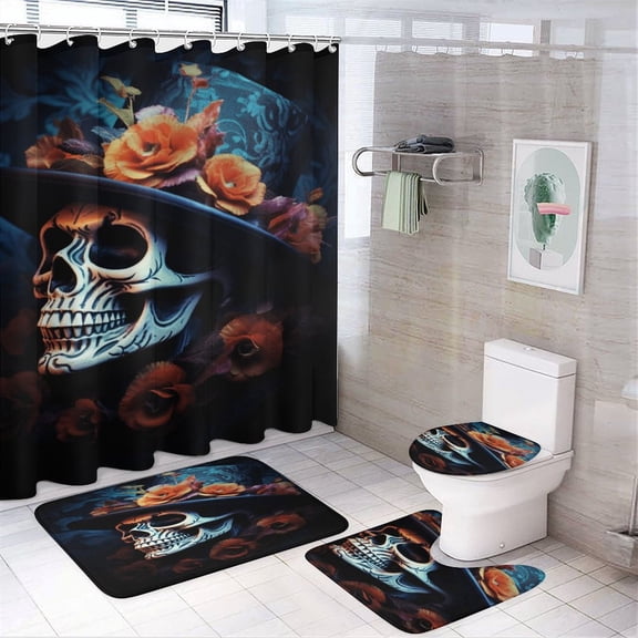 Halloween Scary Night Full Moon 4PCS Shower Curtain Sets with Rugs with Non-Slip Bath Mat Toilet Rug，72" X 72"