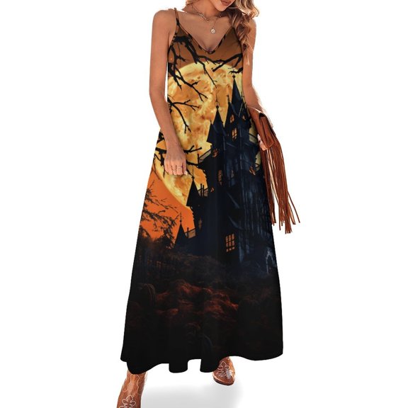 Halloween Scary Night Full Moon Design Sleeveless Dress Woman Fashion Long Dresses Women's Summer Suit Dress 2025