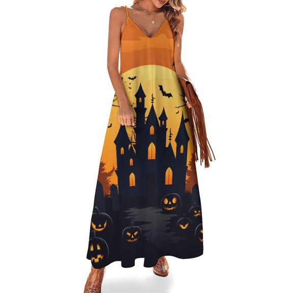 Halloween Scary Night Full Moon Design Sleeveless Dress Woman Fashion Long Dresses Women's Summer Suit Dress 2025
