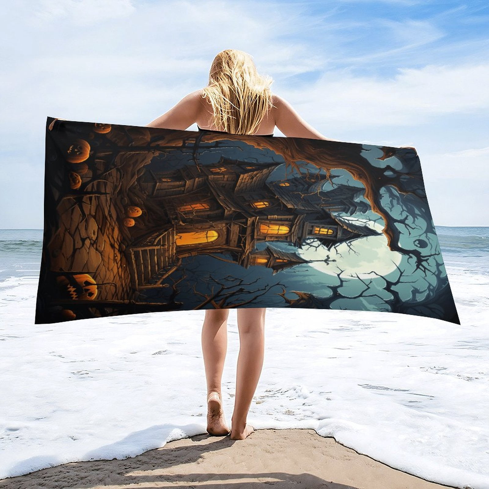 Halloween Scary Night Full Moon Oversized Beach Towel XL Pool Camping Swim Towels 32''x63'' Soft Blanket Accessories Must Vacation Necessities Adult