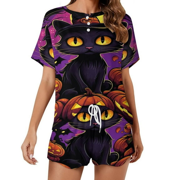 Halloween Scary Night Full Moon Pajama Set for Women 2 Piece Sleepwear Loungewear Short Sleeve