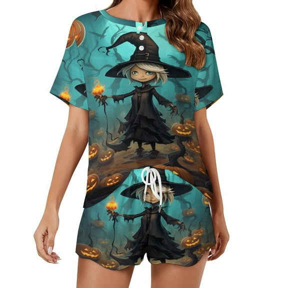 Halloween Scary Night Full Moon Pajama Set for Women 2 Piece Sleepwear Loungewear Short Sleeve