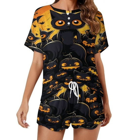 Halloween Scary Night Full Moon Pajama Set for Women 2 Piece Sleepwear Loungewear Short Sleeve