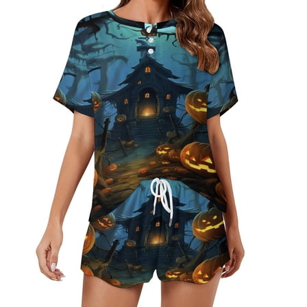 Halloween Scary Night Full Moon Pajamas Set Womens Loungewear Sleepwear 2 Piece PJ Sets