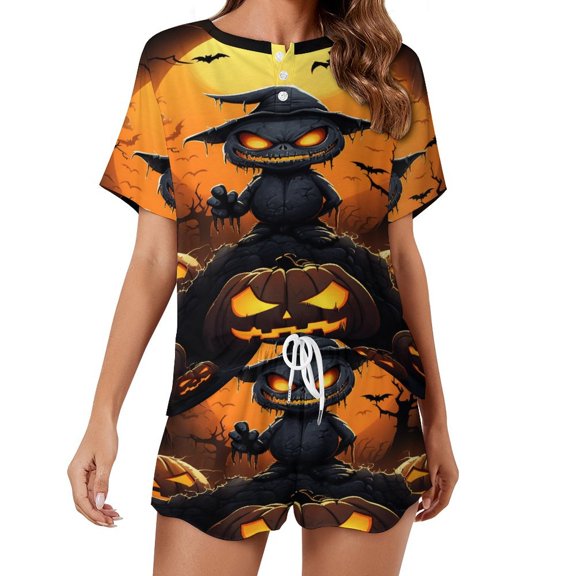 Halloween Scary Night Full Moon Print Women'S Pajamas Set Summer Sleepwear Sets 2 Piece Lounge Set