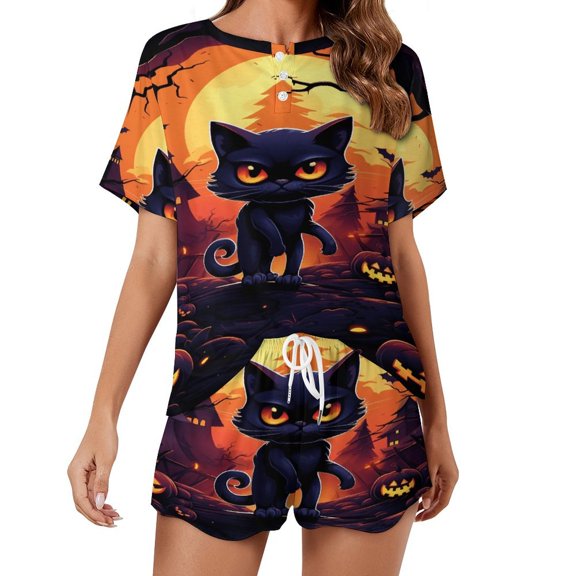 Halloween Scary Night Full Moon Print Women'S Pajamas Set Summer Sleepwear Sets 2 Piece Lounge Set
