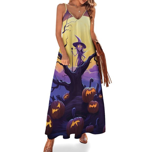 Halloween Scary Night Full Moon Sleeveless Dress Women's Luxury Party Dress Birthday Dresses for Women