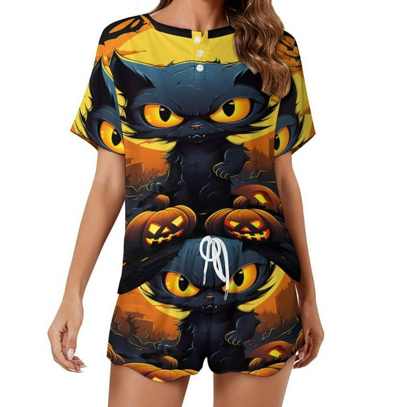 Halloween Scary Night Full Moon Women's Ruffle Short Sleeve Tops And Shorts Cute Peeps Bunny Pajamas Sets