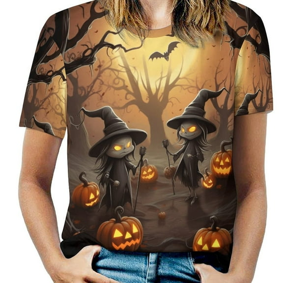 Halloween Scary Night Full Moon Women's Short Sleeve T-Shirt Crew Neck Casual Summer Trendy Loose Fit Tops