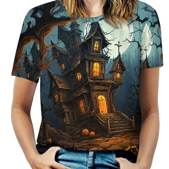Halloween Scary Night Full Moon Women's Short Sleeve Tops Casual Blouses T Shirt