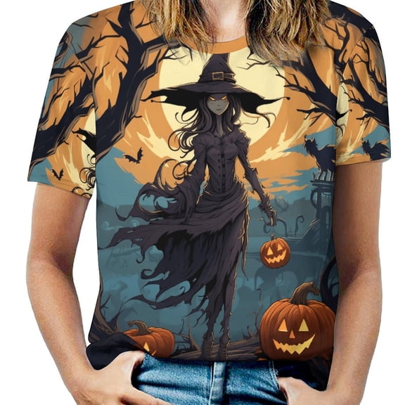 Halloween Scary Night Full Moon Women's T-Shirt Short Sleeve T Shirts Tops Tee Ladies Loose T