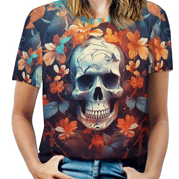 Halloween Scary Night Full Moon Womens Tops Women's Fashion Casual Short Sleeve Flower Print Round Neck Pullover Top Blouse