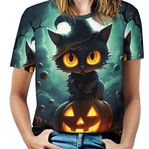 Halloween Scary Night Full Moon Womens Tops Women's Fashion Casual Short Sleeve Flower Print Round Neck Pullover Top Blouse