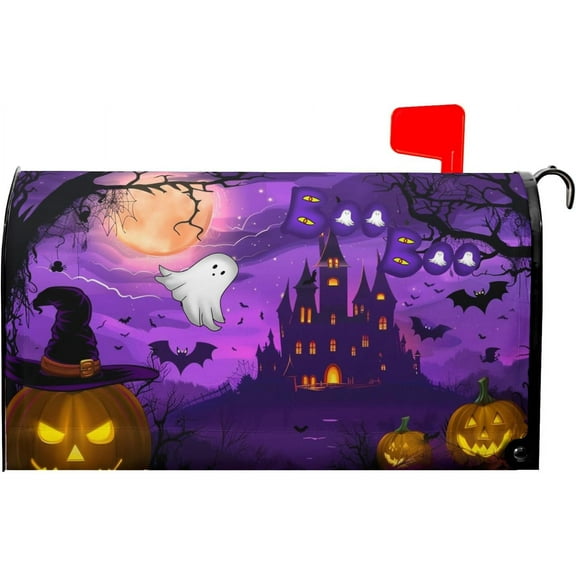 Halloween Scary Night Pumpkin Lanterns Mailbox Covers Magnetic Standard Size 18"" X 21"",Ghost Bat Castle Boo Purple Mailbox Wraps Post Letter Box Cover for Holiday Garden Yard Decor