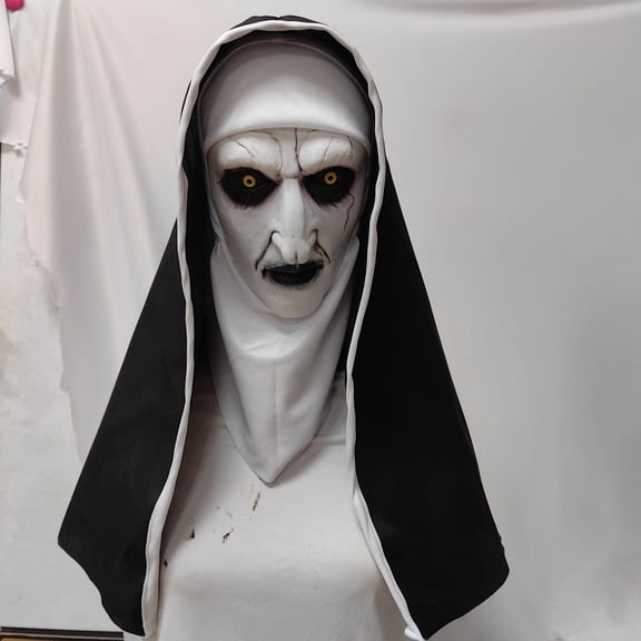 Halloween Scary Nun Latex Mask Creepy Demonic Costume Mask with Black Fabric Veil for Adult Cosplay Party