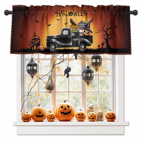 Halloween Scary Orange Pumpkin Ghost Face Witch Hat Curtain Valances for Kitchen Windows,Short Valance Moon Spiders- Web Small Window Treatment for Living Room Bathroom Bedroom,54" x 18"-1 Panel