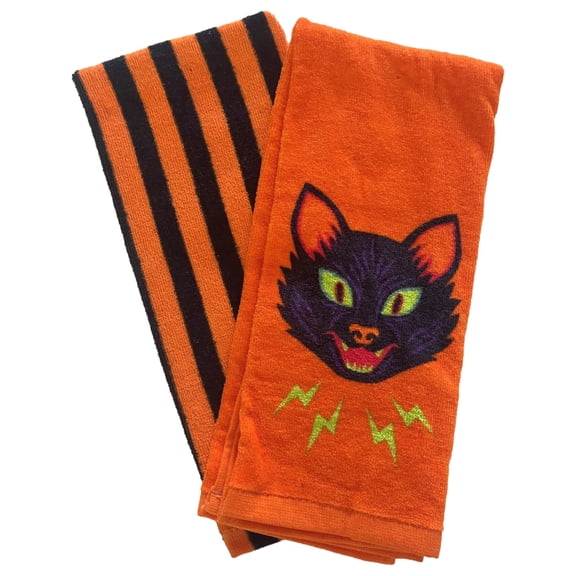 Halloween Scary Orange and Black Cat Kitchen Towel Set, 2 Terry Dish Towels