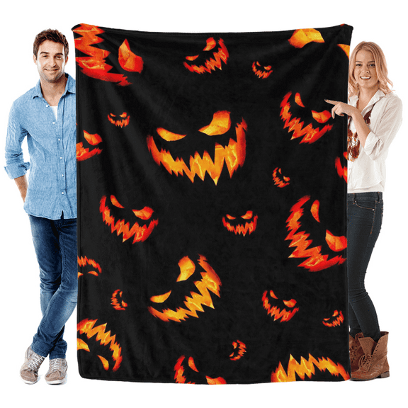 Halloween Scary Pumpkin Smiley Face Throw Blanket - Soft Retro Flannel Blanket for Farmhouse Spooky Decorations - Perfect for Sofa Bed Holiday Party Gifts