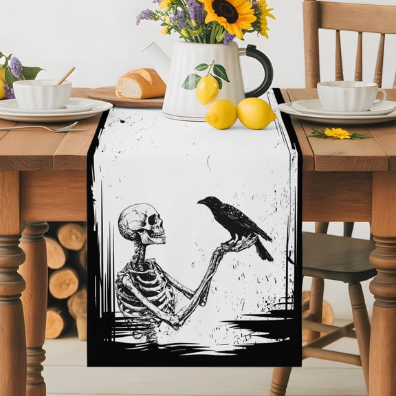 Halloween Scary Skeleton Crow Table Runner 36 Inches Long, Non-Slip Kitchen Table Runners for Dining Room Everyday Use Party Table Decorations Black and White