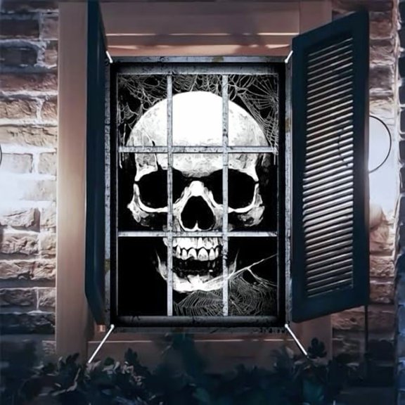 Halloween Scary Skeleton Window Decor (31x47 Inch) - Spooky Curtain Banner Backdrop for Indoor/Outdoor Party & Haunted House