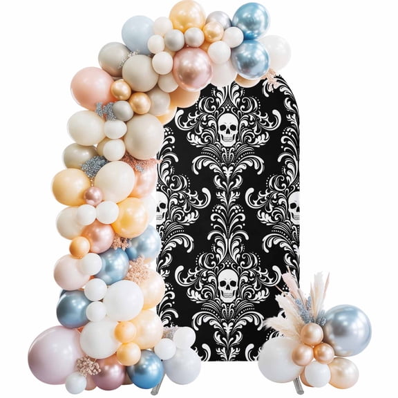 Halloween Scary Skull Skeleton Damask Flower Arch Backdrop Cover Spandex Fitted Arch Cover 7.2FT,Arches Backdrop Stand Covers for Wedding Birthday Party Ceremony Banquet Black White Brocade