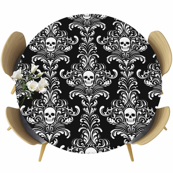 Halloween Scary Skull Skeleton Damask Flower Fitted Round Tablecloths 36"-44",Waterproof Table Cloth for Kitchen Holiday Party Tables Decor