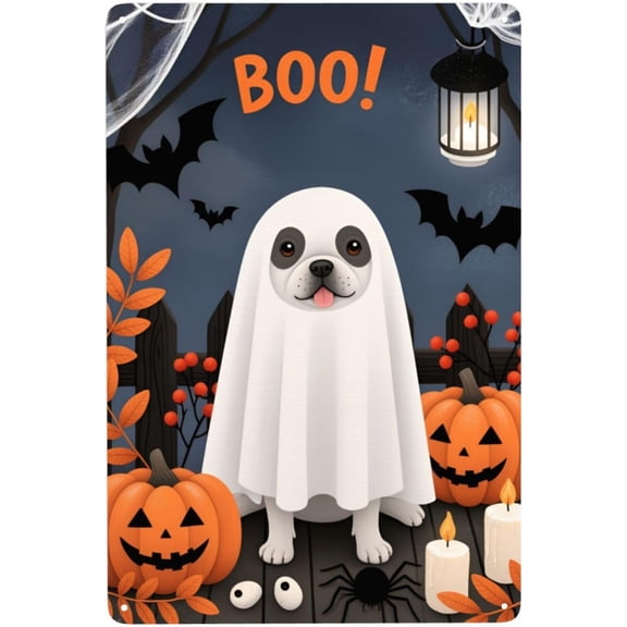 Halloween Scary Spooky Dog Ghosts Pumpkins Rustic 12x8 Inch Vintage Vertical Metal Tin Sign Durable Indoor/Outdoor Wall Decor for Home, Kitchen, Bar or Garage